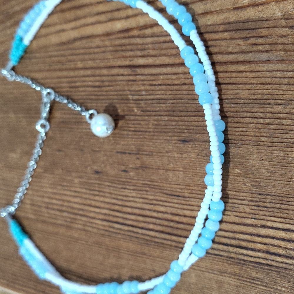 Ladies Choker Style Beach Beaded Necklace, Handmade, White and Blue, 16 Inches - Picture 3 of 4